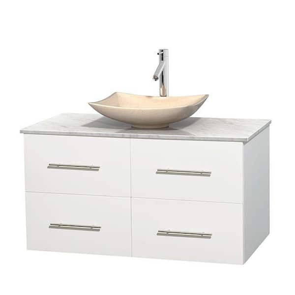 Wyndham Collection Centra 42 in. Vanity in White with Marble Vanity Top in Carrara White and Sink