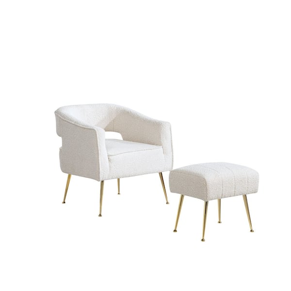 Kenya Cream Boucle Fabric Accent Armchair and Ottoman Set of 2