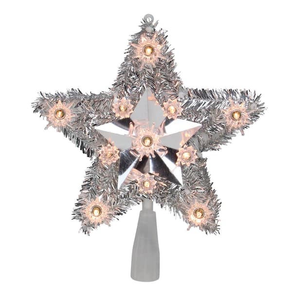 Christmas Tree Topper, PHITRIC 10 Inches Double Layered Silver Snow Lighted  Tree Topper, 8 Points 30 LED Lights Silver Glitter Powder Christmas Tree