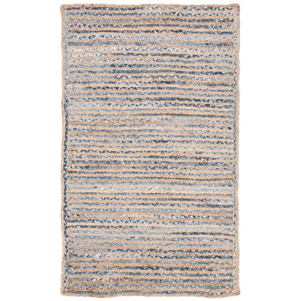 SAFAVIEH Cape Cod Natural/Blue Doormat 3 ft. x 5 ft. Braided Striped Area Rug
