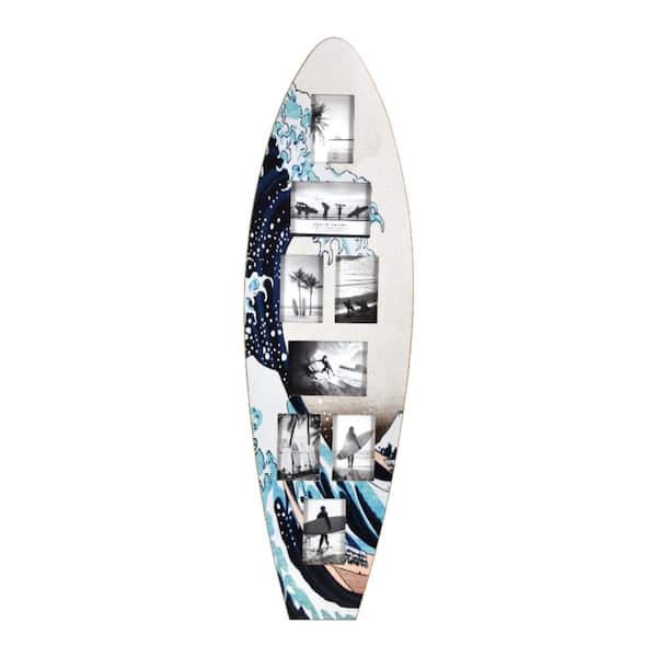 Surfboard Photo Collage 48 in. x 14 in. Navy/Blue/Off White Great Wave Off Kanagawa by Hokusai MDF Wall Art