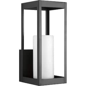 Patewood Collection 1-Light Matte Black Etched Opal Glass Farmhouse Outdoor Large Wall Lantern Light