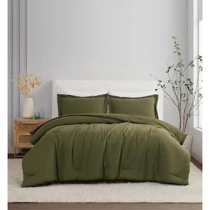 3-Piece Moss Green Solid 100% Linen Full/Queen Comforter Set