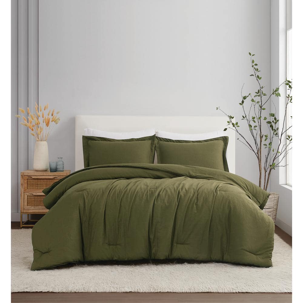 Brooklyn Loom 3-Piece Moss Green Solid 100% Linen King Comforter Set ...