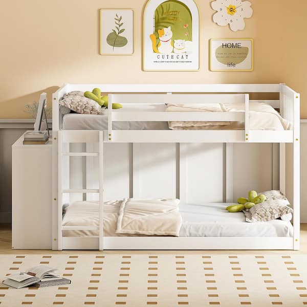 Qualler White Full over Full Bunk Bed with 4 Drawers and 3 Shelves
