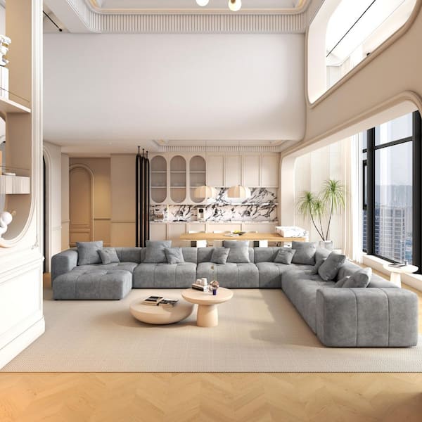 Oversized 184 in. W Linen 6-Piece L-Shaped Tufted Sectional Sofa Free Combination Living Room Set in Gray