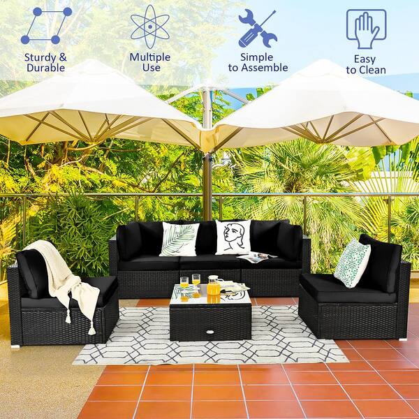 Costway Patio Coffee 6 Piece Plastic Wicker Outdoor Sectional Set Cushioned In Black Cushion Hw67937bk - Black Rattan Patio Set With Parasol