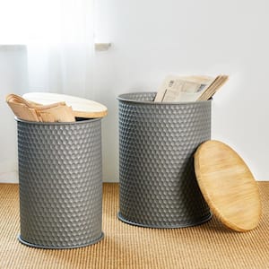 Modern Gray Metal Storage Accent Table or Stool with Solid Wood Lid (Set of 2)