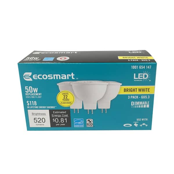 EcoSmart LED Light Bulb 50W Equivalent MR16 Dimmable Bright White 3-Pack 