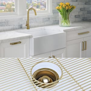 Luxury White Solid Fireclay 30 in. Single Bowl Farmhouse Apron Kitchen Sink with Matte Gold Accs and Flat Front
