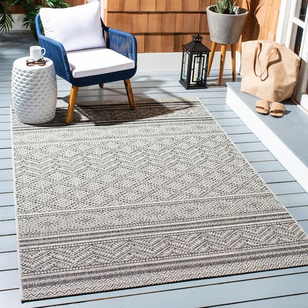 Courtyard Black/Gray Doormat 2 ft. x 4 ft. Chevron Tribal Indoor/Outdoor Area Rug