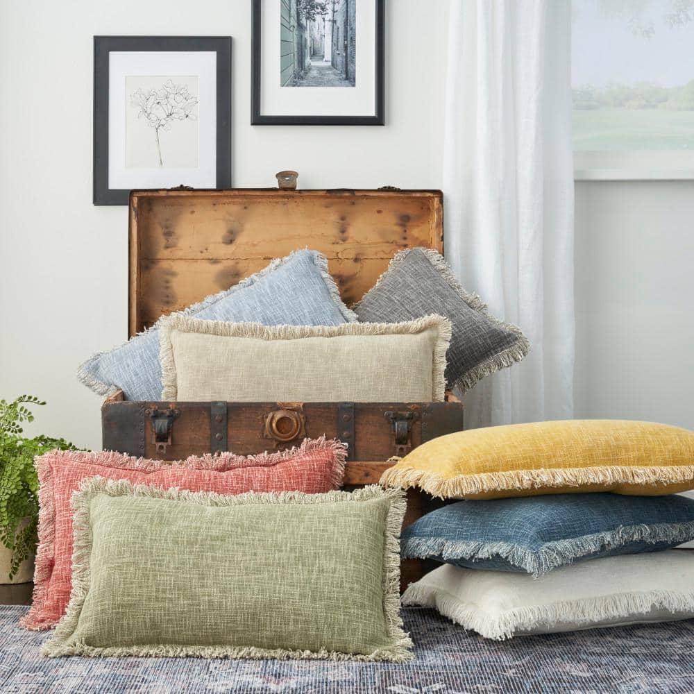 Sage Green Cotton Fringed Rectangular Throw Pillow