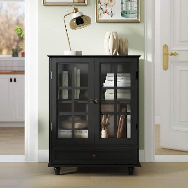 Keene Minimalist Black 36.2 in. Accent Buffet Cabinet with Double Glass Doors and Drawer