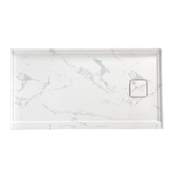 60 in. x 32 in. Alcove Rectangle White Marble Pattern Acrylic Bathroom Shower Pan Base with Right Hand Drain