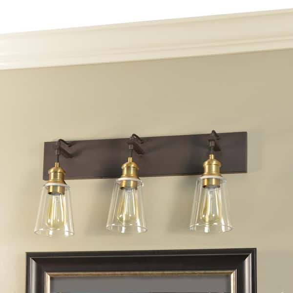 3-Light Bronze and Antique Pewter Vanity Light with Clear Glass Shades Details about   25 in 