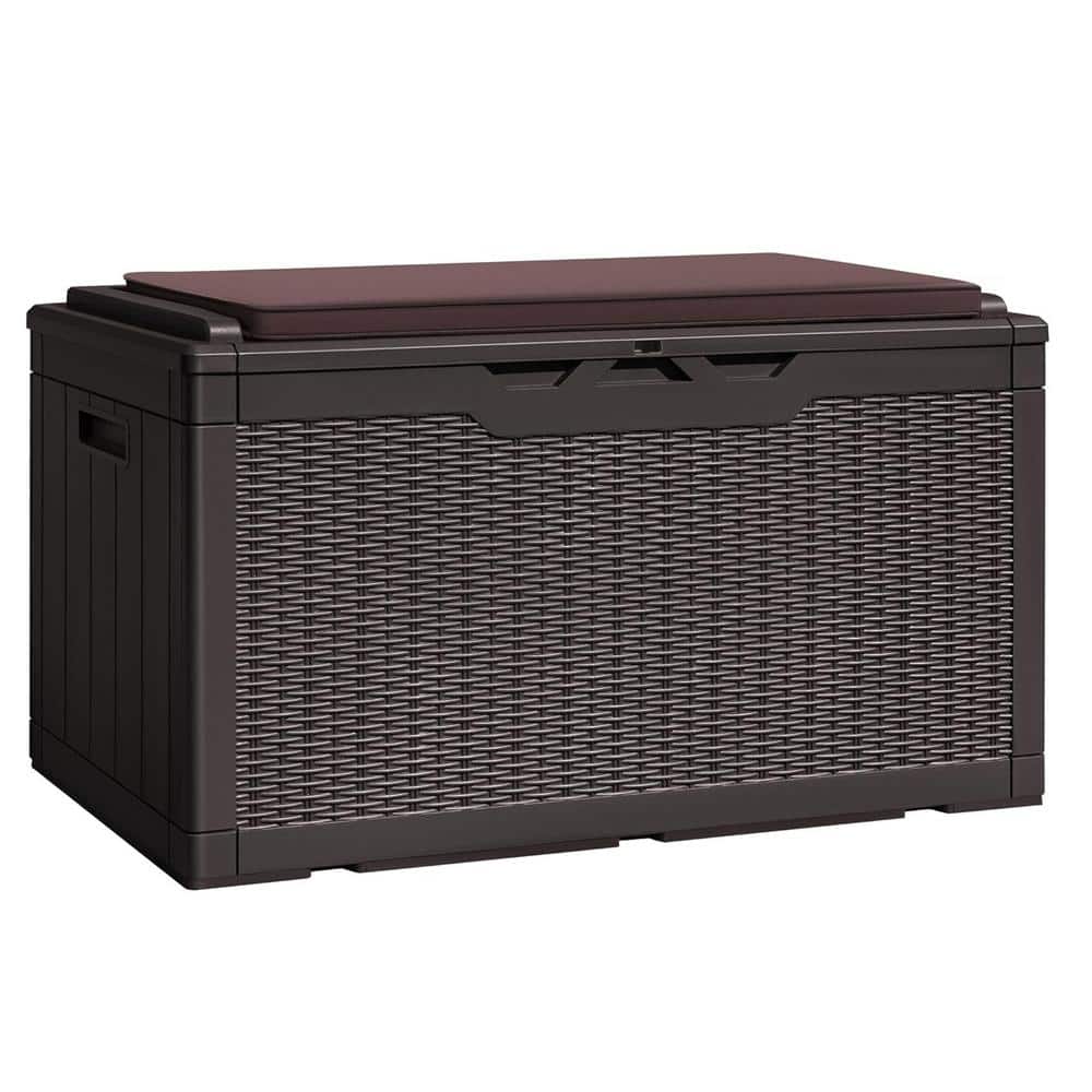 100 Gal. Large Dark Brown Resin Deck Box with Cushions and Lockable Lid