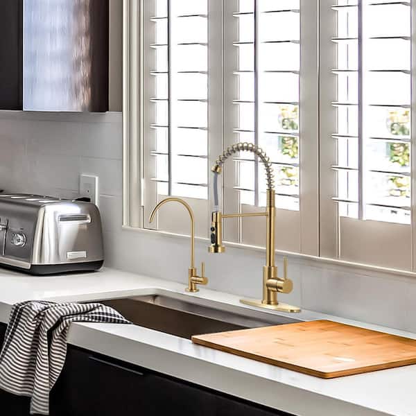 Gold 20.3 in. H Single Handle Pull Down Sprayer Kitchen Faucet with Water Filter Faucet and 360° Swivel