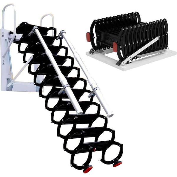 118" H, 12 Steps Wall-Mounted Folding Stairs Retractable Attic Ladder with Armrests Handle, 660 lb. Load Carbon Steel