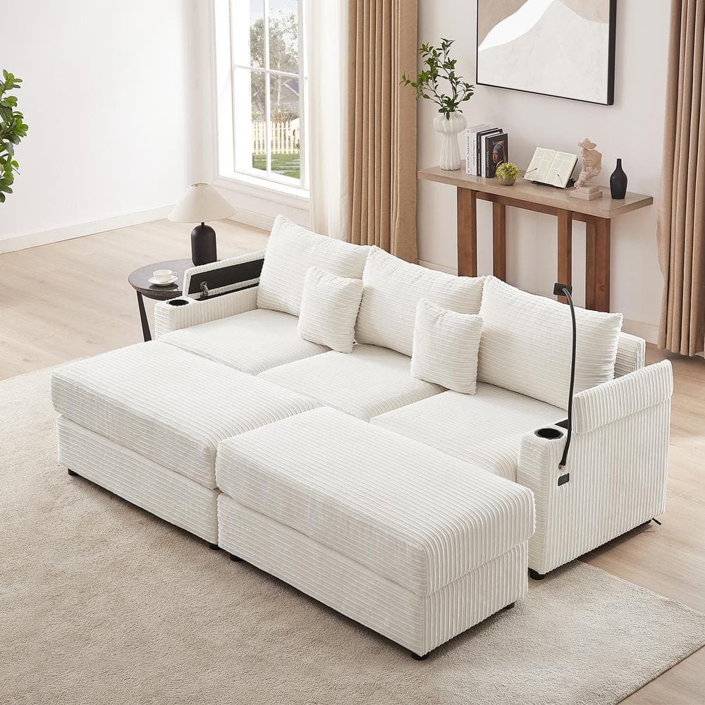 95.3 in. Corduroy Fabric Modern Sectional Sofa in Beige with 2-Ottomans, Storage Armrests, USB Ports, Phone Holder price history on PriceWatchPro