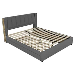 Gray Wood Frame King Platform Bed with Storage Headboard