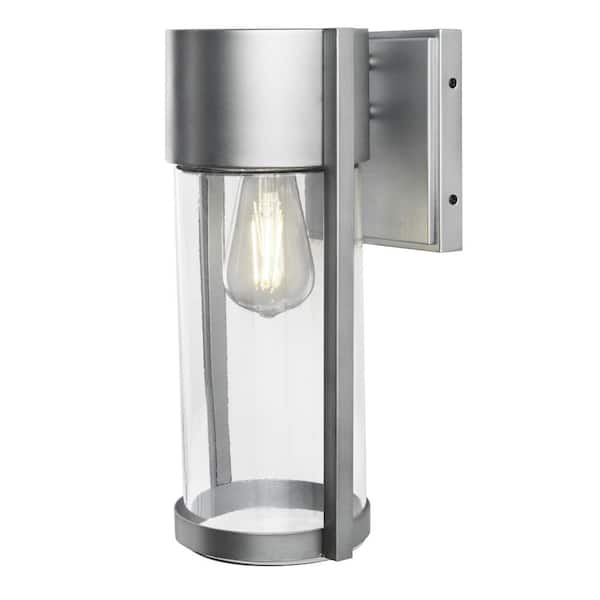 Hampton Bay Kempster 14 in. Modern 1-Light Brushed Nickel Modern Outdoor Wall Cylinder Light with Clear Glass