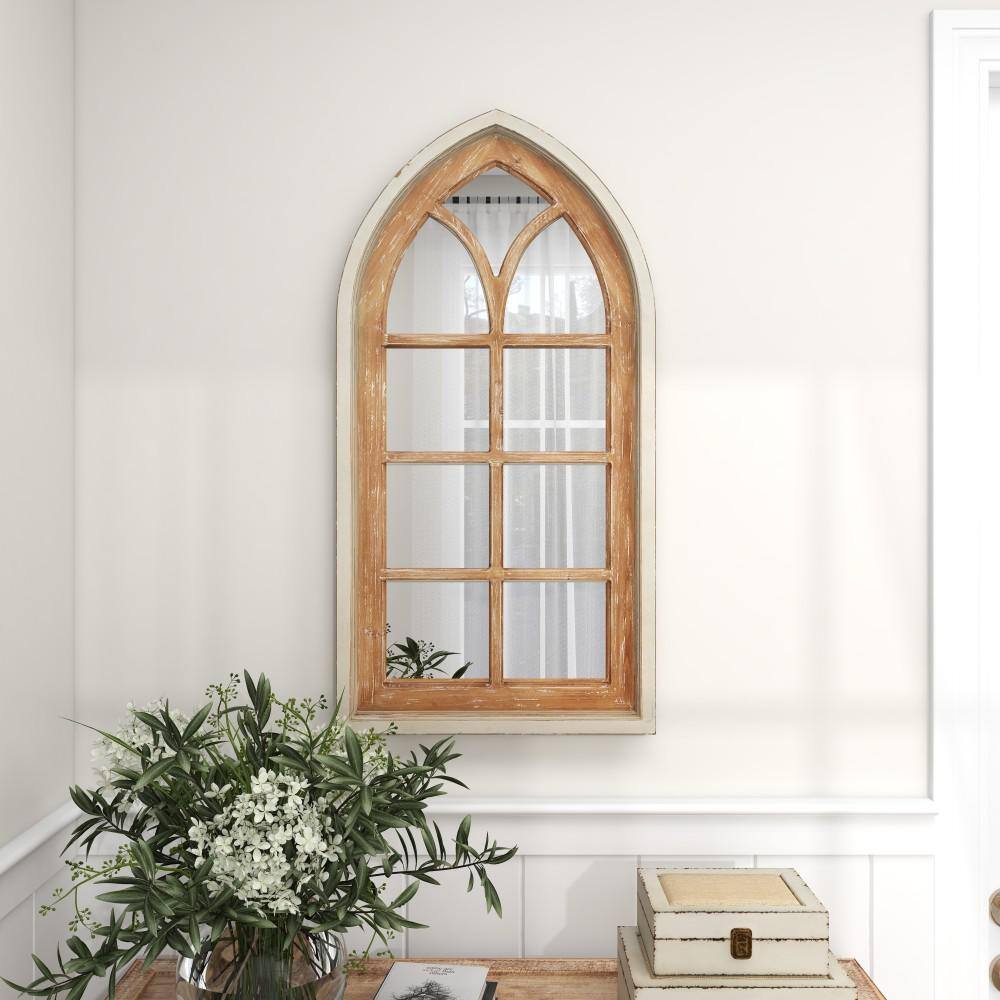 Brown Distressed Wood Arched Window Pane Wall Mirror
