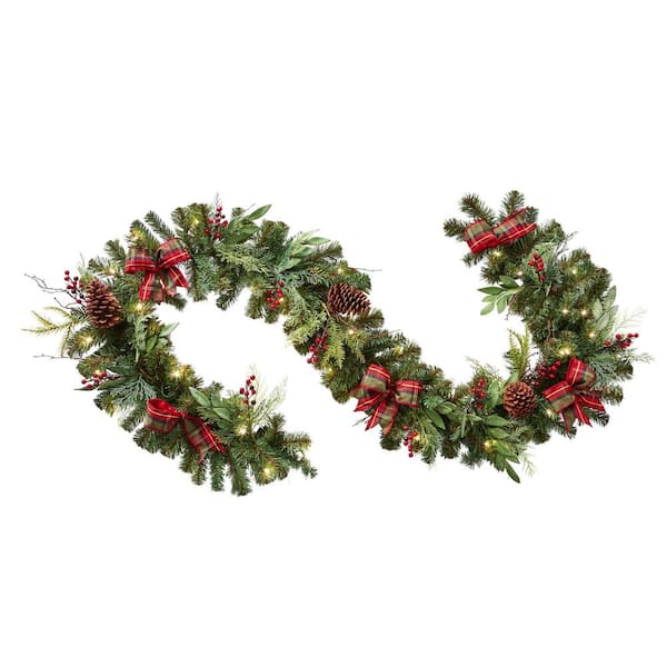 9 ft. Woodmoore Battery Operated Mixed Pine LED Pre-Lit Artificial Garland with Timer