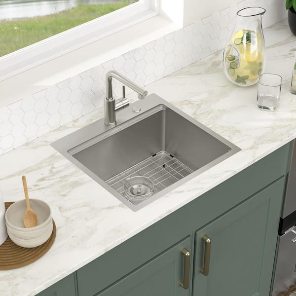 16-Gauge Stainless Steel 21 in. Drop-In Bar Sink Brushed Single Bowl Workstation Kitchen Sink with Pull-Out Faucet