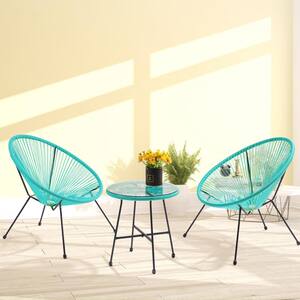 3-Piece All-Weather Lake Blue Woven Outdoor Acapulco Chair Bistro Set (Set of 2 Chairs and 1 Glass Top Table)