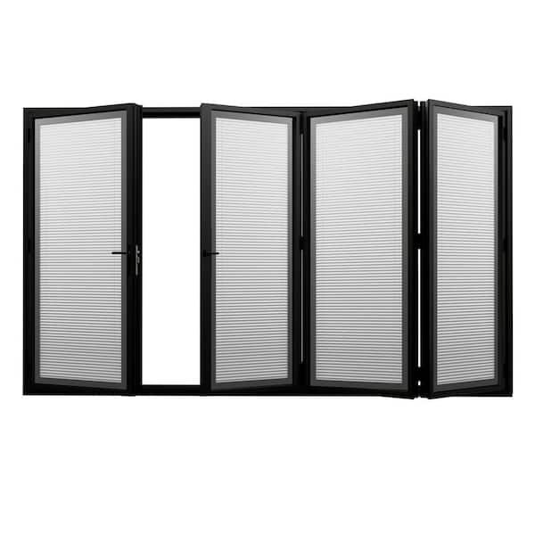120 in. x 80 in. Left Swing/Outswing Double Tempered Glass Black Louver Aluminum Folding Patio Door