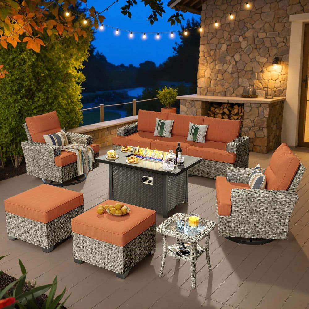 Verve 9-Piece Wicker Rectangular Fire Pit Sets and Swivel Rocking Chairs with Orange Red Cushion price history on PriceWatchPro