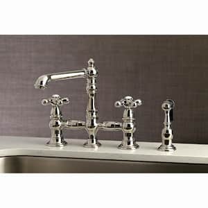English Country 2-Handle Bridge Kitchen Faucet with Side Sprayer in Polished Nickel