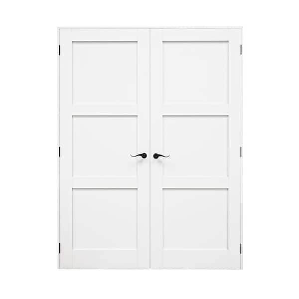 64 in. x 96 in. 3-Paneled Blank White Solid Core Wood Universal Double Prehung Interior French Door+ Quick Assemble Jamb