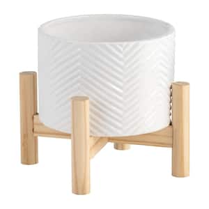 6" Ceramic Planter With Wood Stand, White