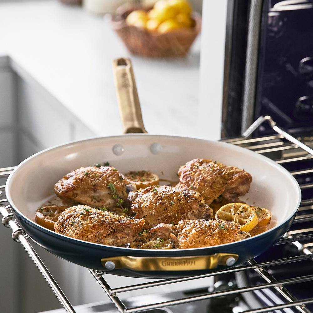 Twilight Blue Ceramic Nonstick 12" Frypan with Gold Handle and Lid