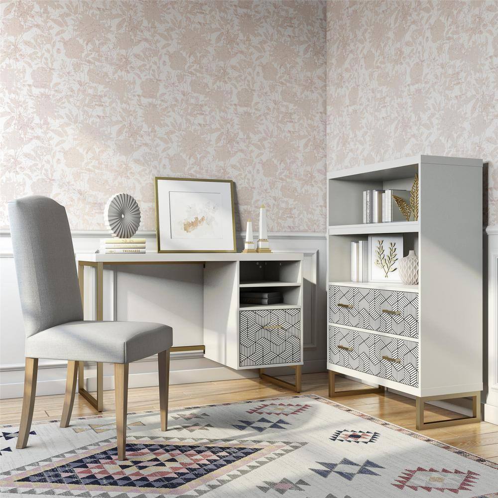 White MDF Single Pedestal Desk with Gold Legs and Drawer