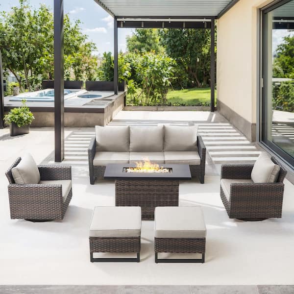 U-Weave 6-Piece Brown Wicker Outdoor Rectangular Fire Pit Conversation Set with Beige Cushions and Swivel Rocking Chairs