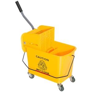5 gal. Yellow Plastic Cleaning Bucket, Janitor Mop Bucket with Down Press Wringer and Wheels