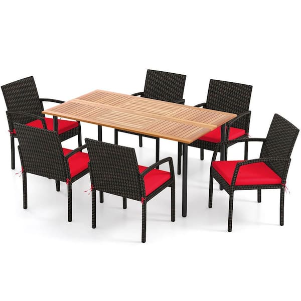 Costway 7-Piece Wicker Rectangular Outdoor Dining Set with Red Cushions