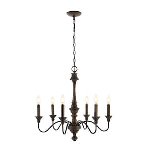 6-Light Wood Finished/Oil Rubbed Bronze Oakley 25 in. Midcentury Farmhouse Iron LED Chandelier