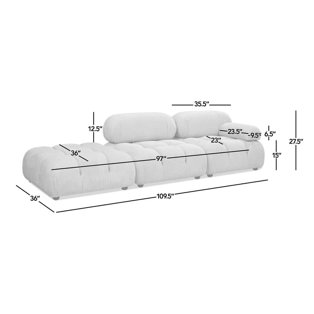 Marcel 109.5" Bubble Modular Modern Chaise Single Arm 3-Piece Sofa, Ivory White Boucle