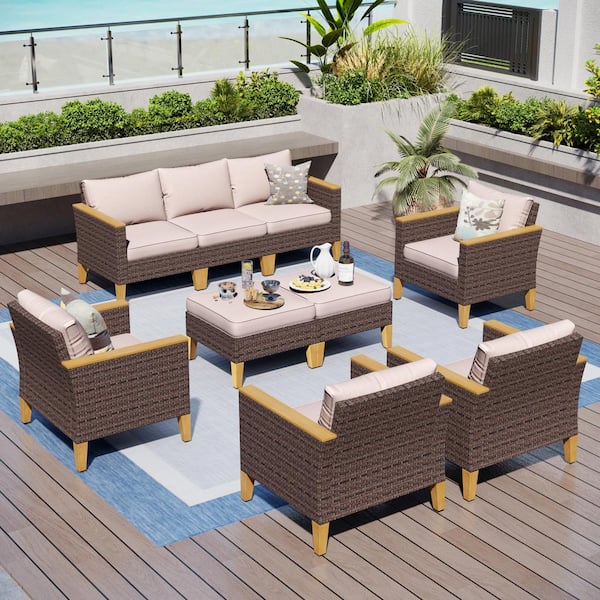 PHI VILLA Brown Wicker Rattan 9 Seat 9-Piece Steel Outdoor Patio Conversation Set with Beige Cushions and 2 Ottomans