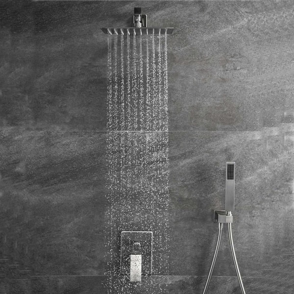 Single Handle 2-Spray 12 in. Square High Pressure Shower Faucet with Hand Shower in Brushed Nickel (Valve Included)