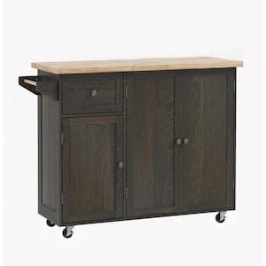 Brown Wood 53.25in. Kitchen Island With Storage Shelf Adjustment, Triple-Cabinet Rolling Kitchen Island on Wheels