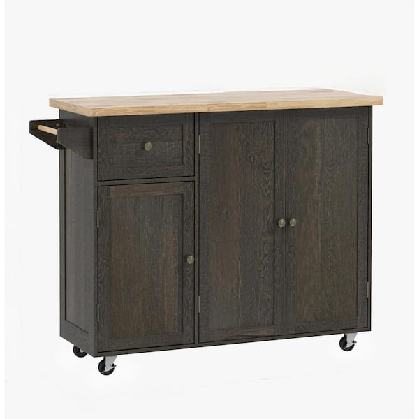 Tileon Brown Wood 53.25in. Kitchen Island With Storage Shelf Adjustment, Triple-Cabinet Rolling Kitchen Island on Wheels