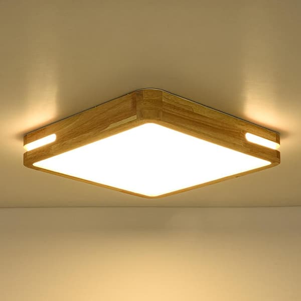 HUOKU Lumin 15.7 in. W Square Natural Oak Wood and Acrylic Flush