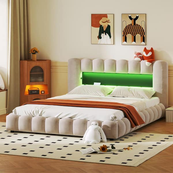 Polibi Wood Frame Queen Size Platform Bed with LED Headboard and USB, Beige