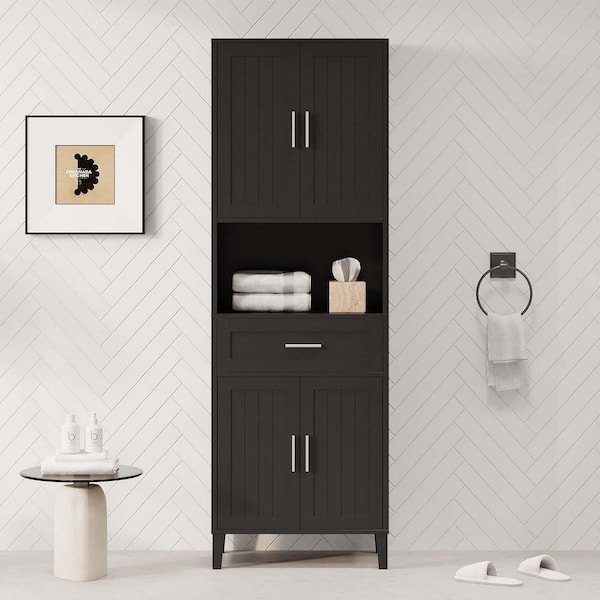 23.6 in. W x 13.8 in. D x 70.9 in. H Black Freestanding Linen Cabinet with a Drawer and 4-Soft-Close Doors
