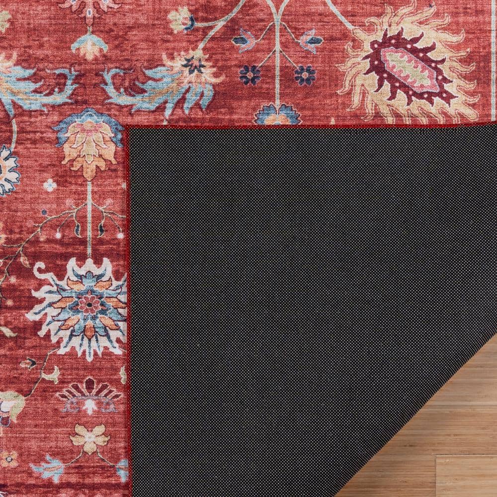 Crystal Print Red and Cream Floral Washable Area Rug