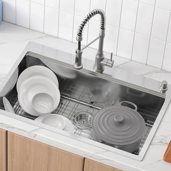 30 in. Kitchen Sink Workstation, 304 Stainless Steel Top Mount Sinks, Drop-In Single Bowl Farmhouse Basin with Ledge